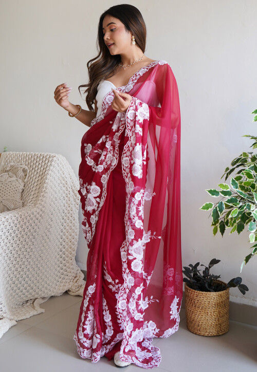 Embroidered Organza Scalloped Saree in Red
