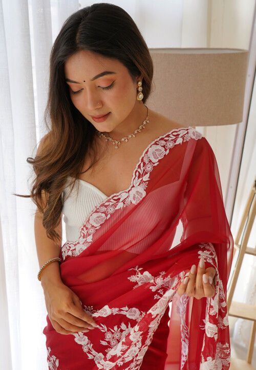 Embroidered Organza Scalloped Saree in Red