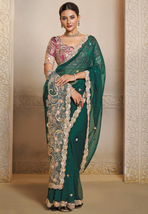 Embroidered Organza Scalloped Saree in Teal Green