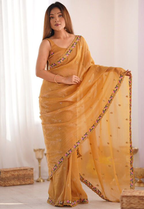 Embroidered Organza Shimmer Scalloped Saree in Mustard