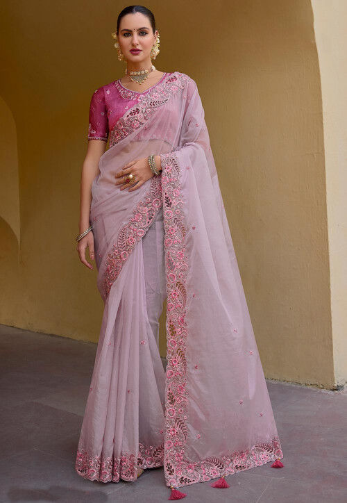 Embroidered Organza Silk Saree in Light Purple