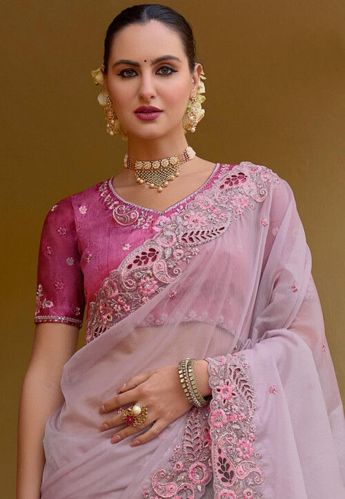 Embroidered Organza Silk Saree in Light Purple