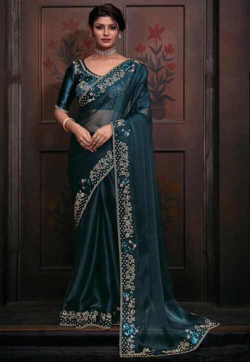 Embroidered Organza Silk Saree in Teal Blue