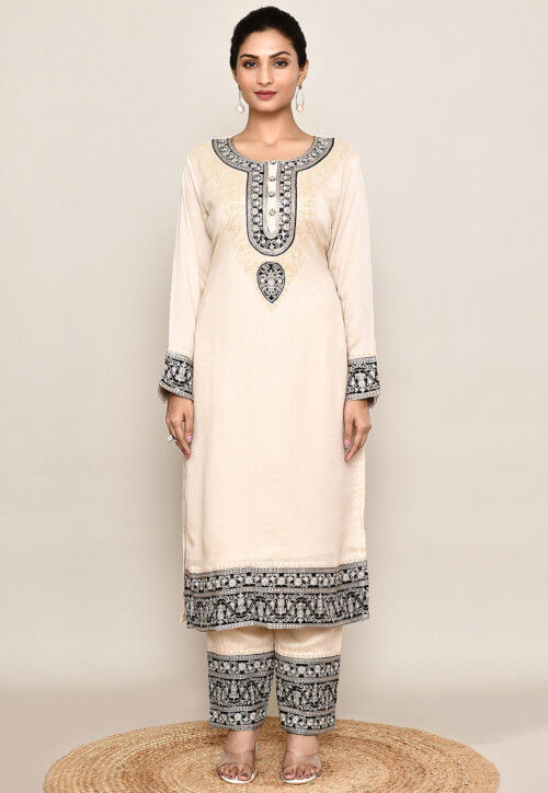 Embroidered Organza Silk Straight Kurta in Beige