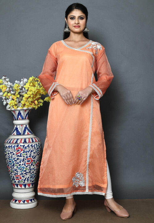Embroidered Organza Straight Kurta Set in Peach
