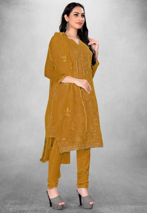 Trendy Designer Party Wear Salwar Suit Mustard Organza Pant Straight