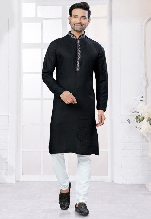 Embroidered Placket Cotton Kurta Set in Black