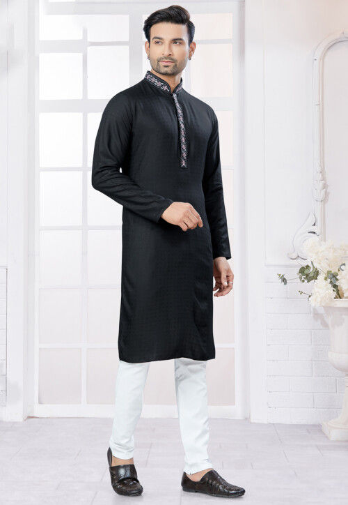 Embroidered Placket Cotton Kurta Set in Black