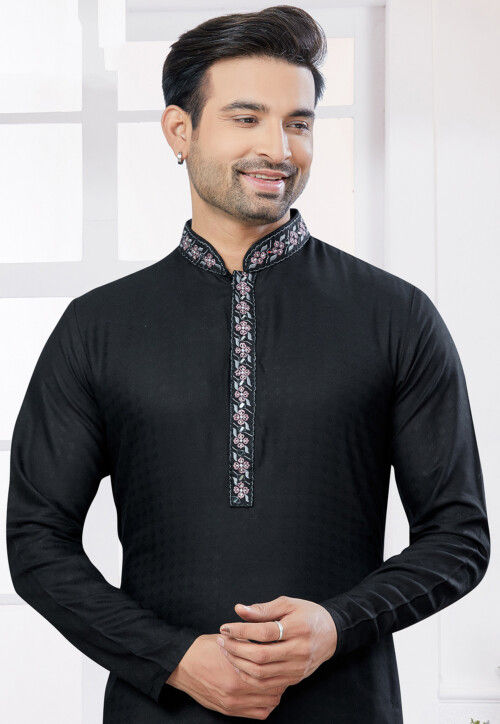 Embroidered Placket Cotton Kurta Set in Black