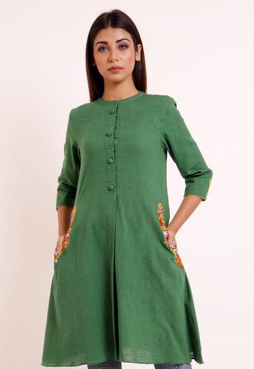 Embroidered Pocket Cotton A Line Pleated Kurti in Green : TJW1256
