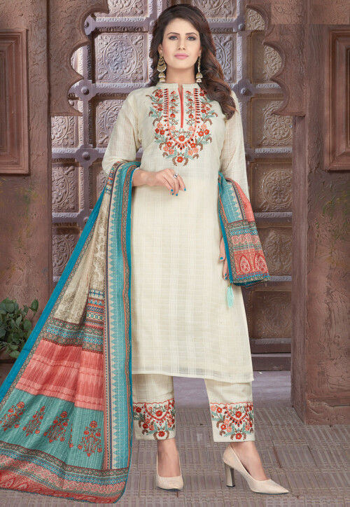 Embroidered Poly Cotton Pakistani Suit in Off White : KUF15589