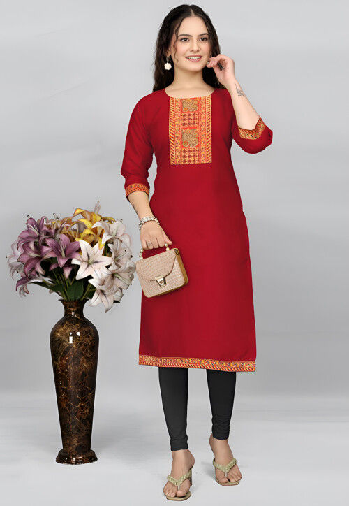 Embroidered Cotton Straight Kurta in Red