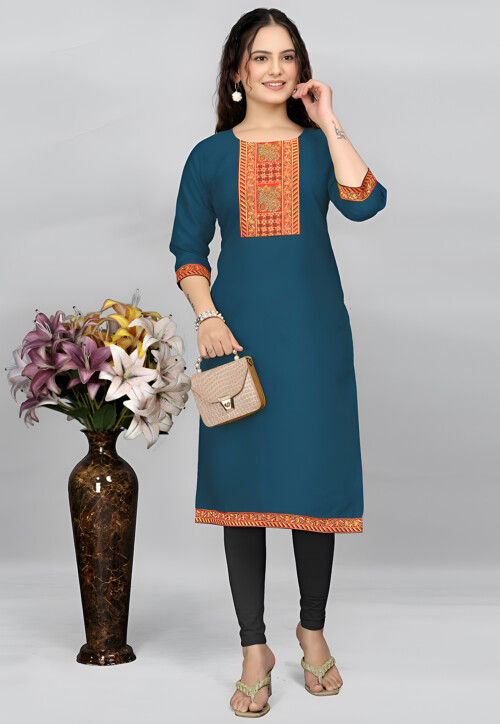 Embroidered Cotton Straight Kurta in Teal Blue