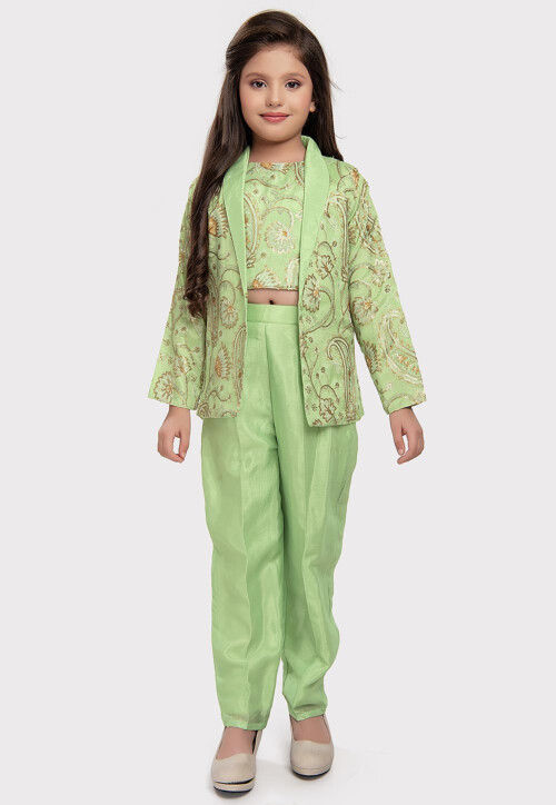 Embroidered Polyester Crop Top Set with Jacket in Light Green