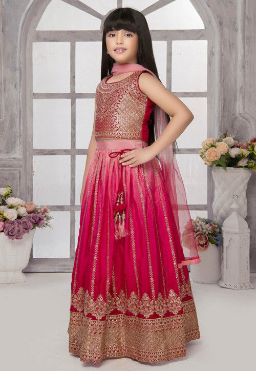 Embroidered Polyester Lehenga in Pink