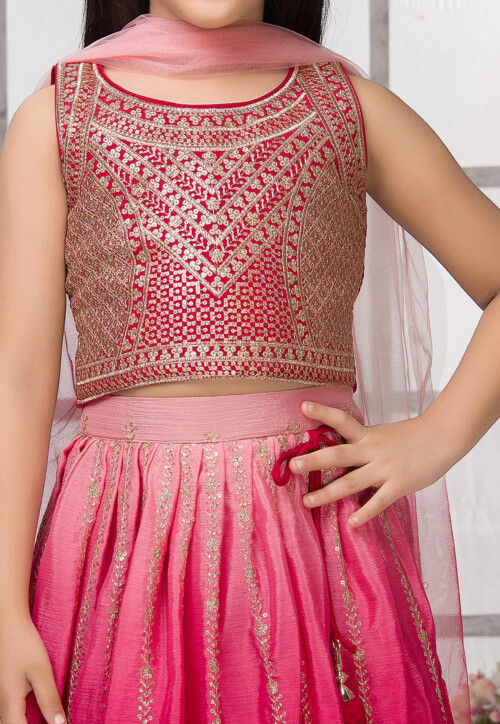 Embroidered Polyester Lehenga in Pink