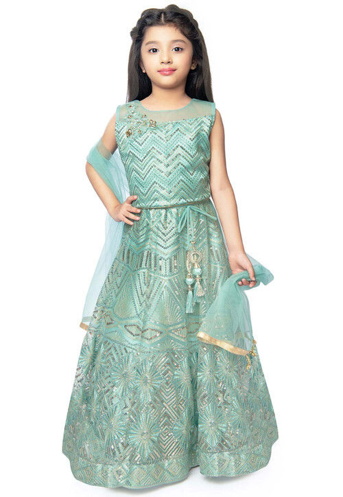Embroidered Polyester Lehenga in Sea Green