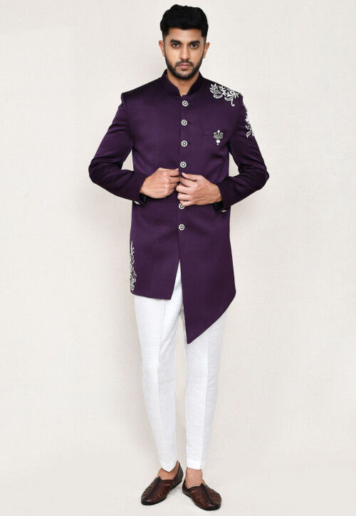 Embroidered Polyester Sherwani in Purple