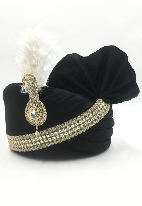 Embroidered Cotton Silk Turban in Black