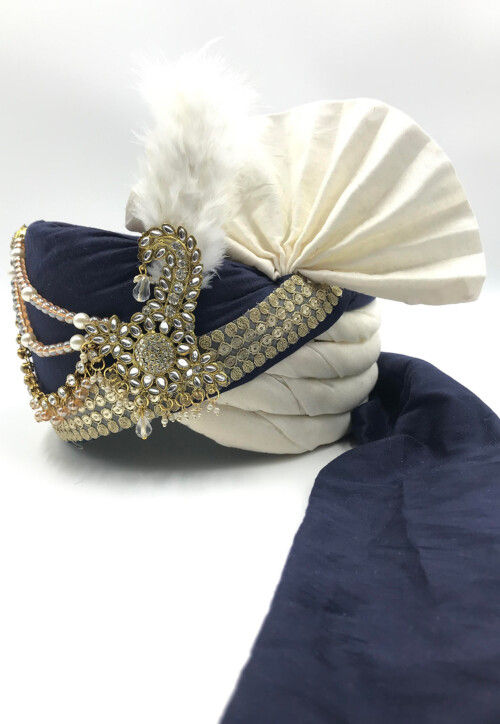 Embroidered Polyester Turban in Off White and Blue