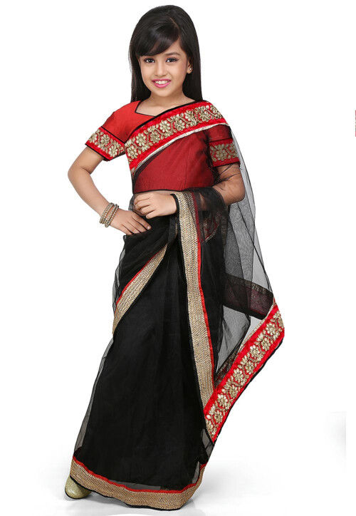 Embroidered Pre Stitched Net Saree in Black