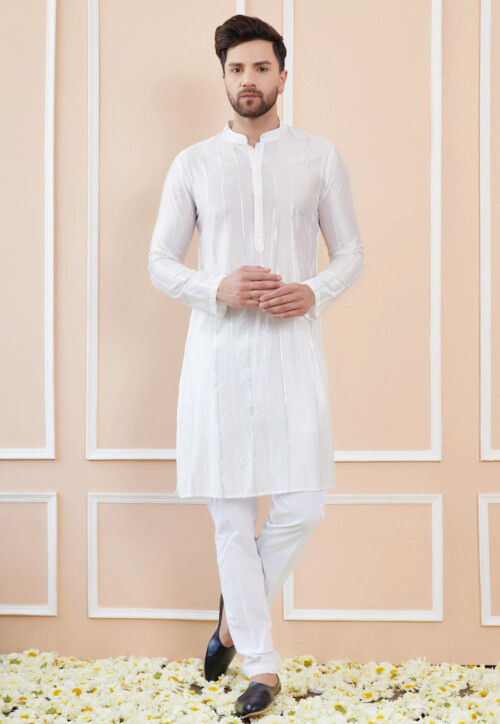 Embroidered Pure Chanderi Silk Kurta Set in Off White