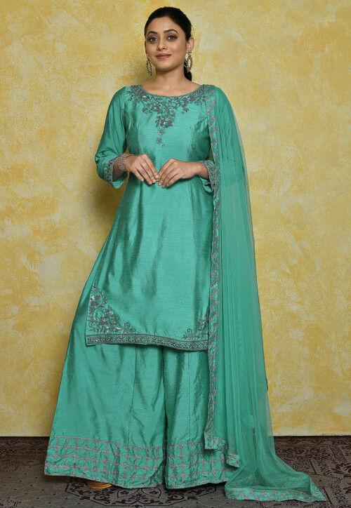 Embroidered Pure Chanderi Silk Pakistani Suit in Sea Green