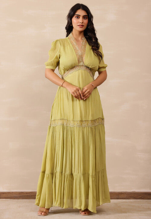 Schiffli Pure Chiffon Tiered Dress in Light Olive Green