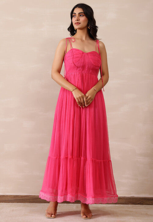 Embroidered Pure Chiffon Schiffli Tiered Dress in Pink