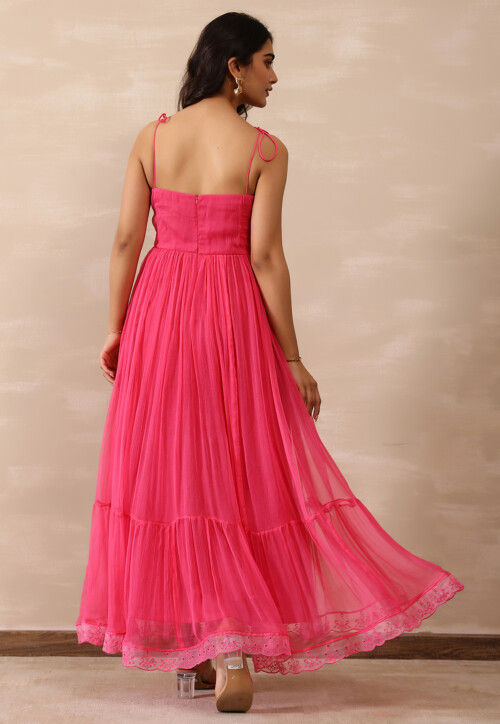 Embroidered Pure Chiffon Schiffli Tiered Dress in Pink