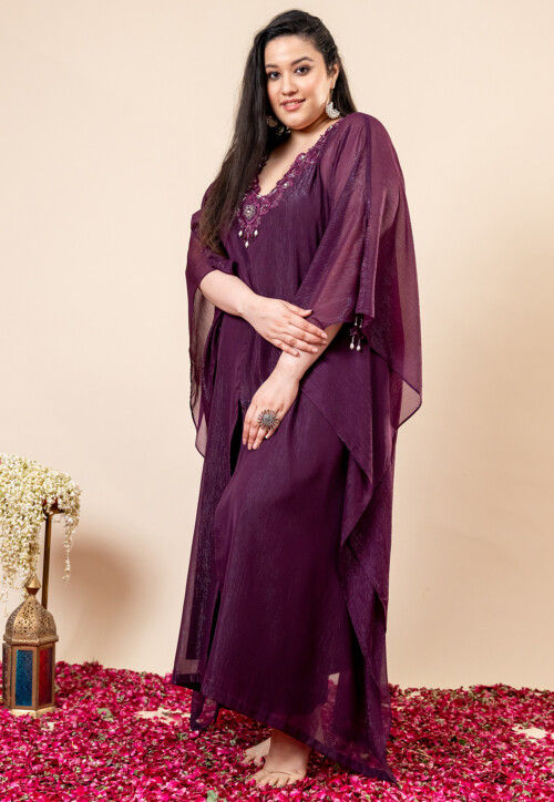 Embroidered Pure Chiffon Shimmer Kaftan Style Kurta Set in Violet