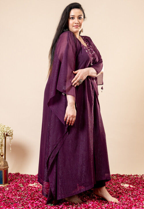 Embroidered Pure Chiffon Shimmer Kaftan Style Kurta Set in Violet