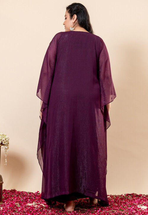 Embroidered Pure Chiffon Shimmer Kaftan Style Kurta Set in Violet