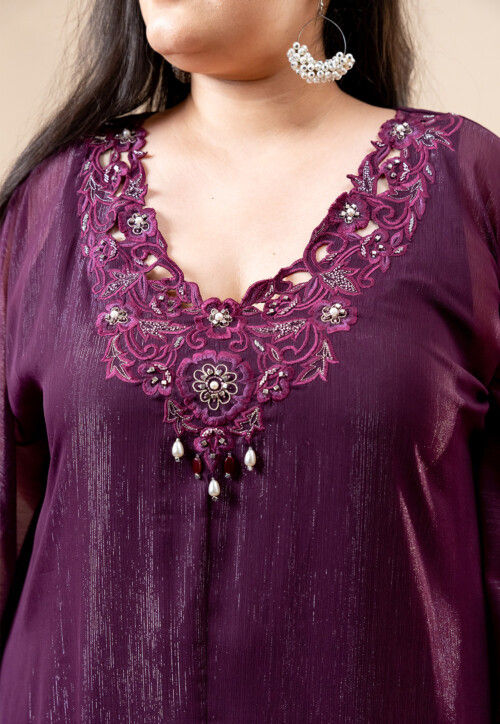 Embroidered Pure Chiffon Shimmer Kaftan Style Kurta Set in Violet