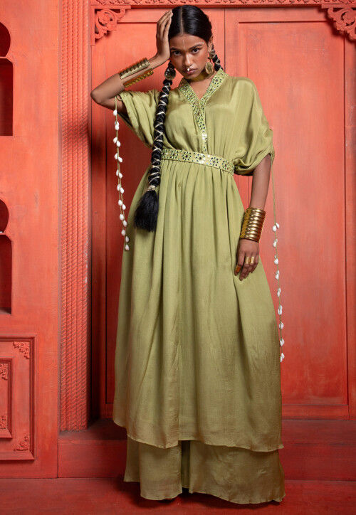 Buy Embroidered Pure Chinon Chiffon Kimono Style Kurta Set in