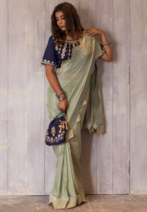 Embroidered Pure Chinon Silk Saree in Pastel Green