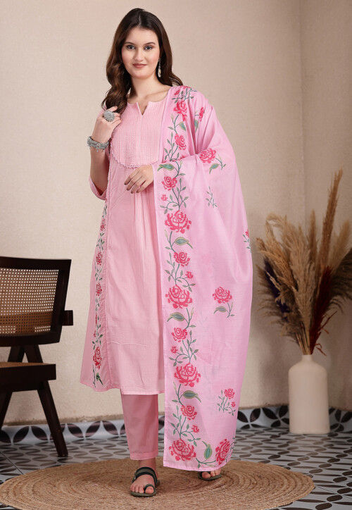 Embroidered Pure Cotton A Line Suit in Pink