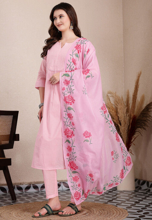 Embroidered Pure Cotton A Line Suit in Pink