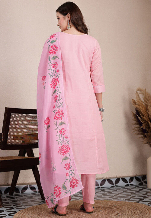 Embroidered Pure Cotton A Line Suit in Pink