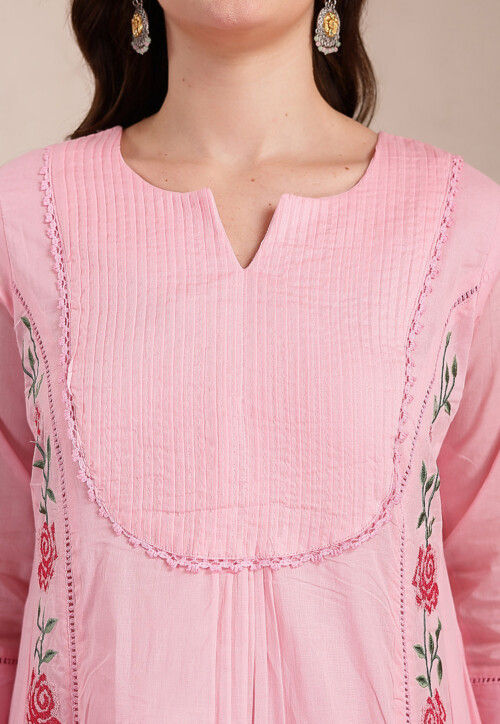 Embroidered Pure Cotton A Line Suit in Pink
