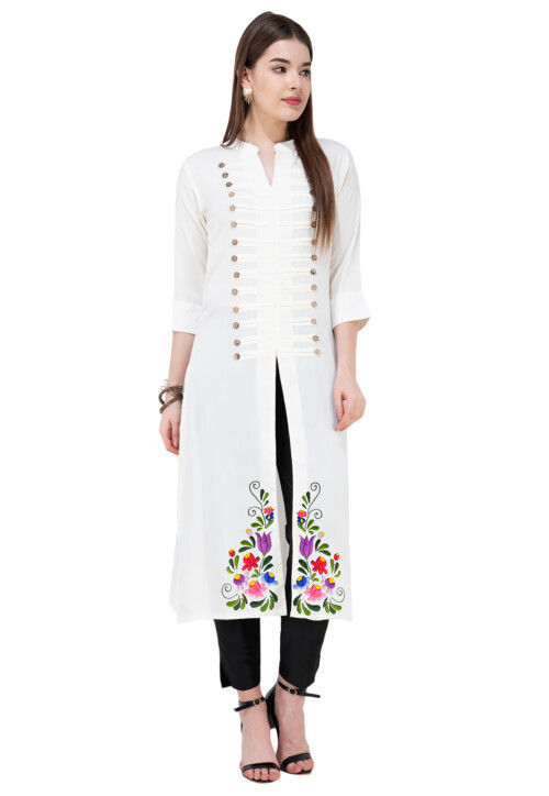 Embroidered Pure Cotton Front Slit Kurta in White