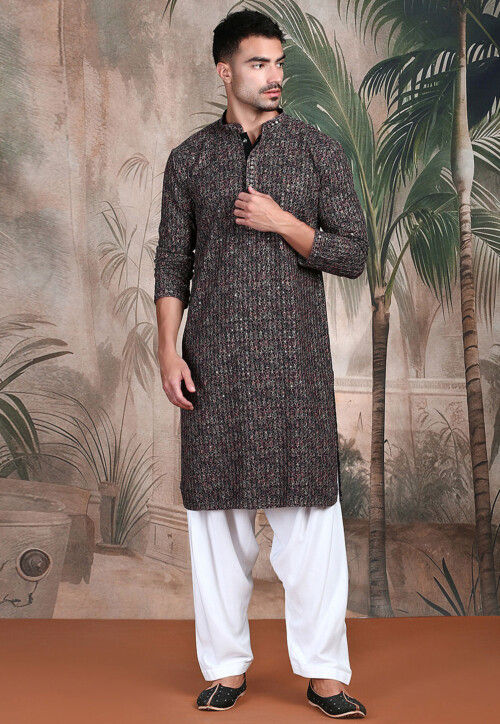 Embroidered Pure Cotton Kurta in Black and Multicolor