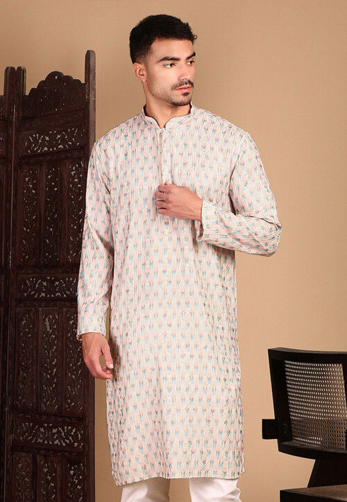 Embroidered Pure Cotton Kurta in Peach