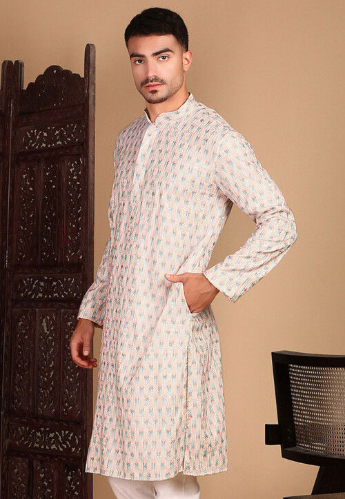 Embroidered Pure Cotton Kurta in Peach