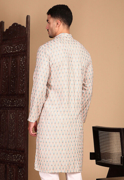 Embroidered Pure Cotton Kurta in Peach