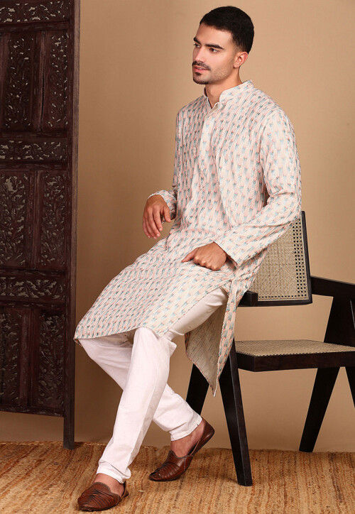 Embroidered Pure Cotton Kurta in Peach
