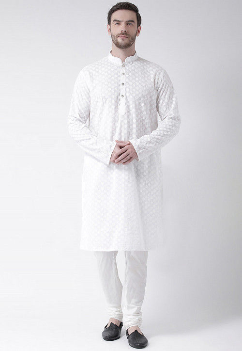 Solid Color Cotton Kurta Set in White : MGA53