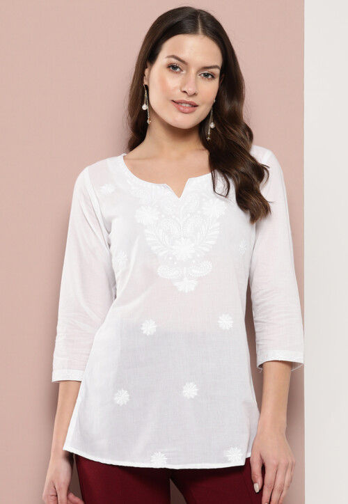 Embroidered Pure Cotton Kurti in White