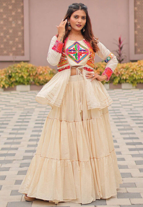 Embroidered Pure Cotton Lehenga in Off White