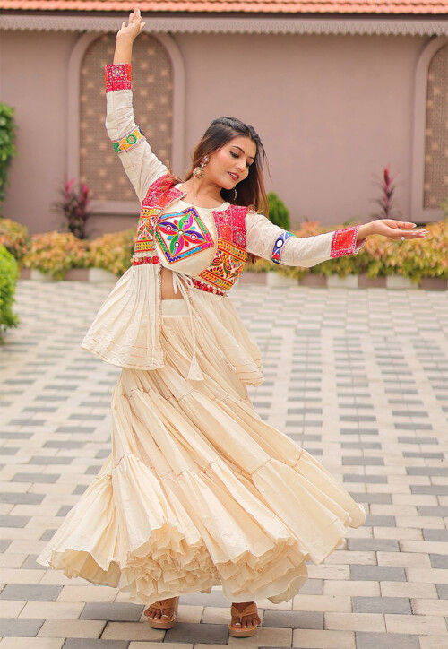 Embroidered Pure Cotton Lehenga in Off White